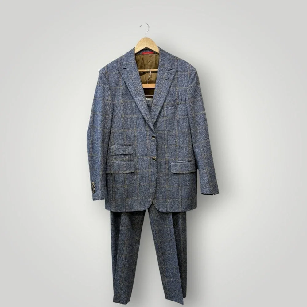 Isaia Napoli Blue Windowpane Super 130s Wool Suit Made in Italy 52 8R US 42R